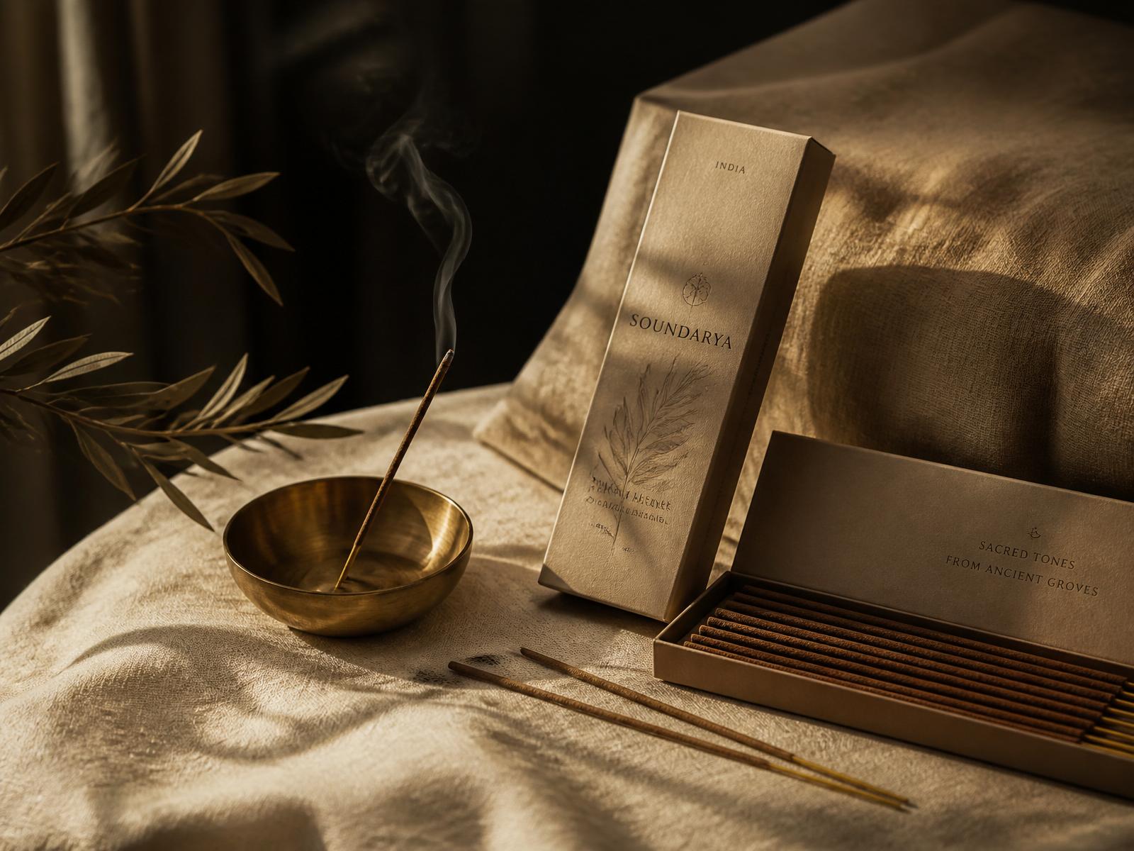 Premium Indian incense sticks with brass bowl in warm editorial lighting